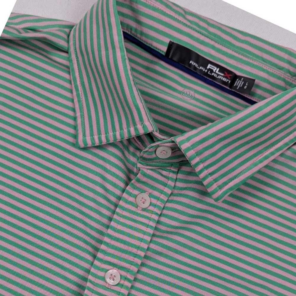 RLX Ralph Lauren Mens Large Green Pink Striped Wicking Golf Polo Shirt L